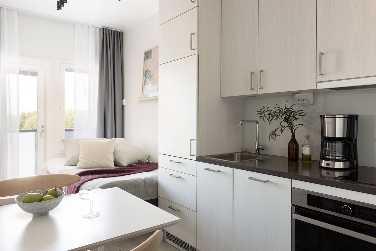 mini studio with a view | private kitchen | full-sized fridge, microwave, oven, stovetop