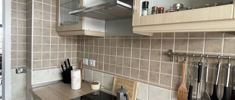 Fridge, oven, stovetop, coffee/tea maker