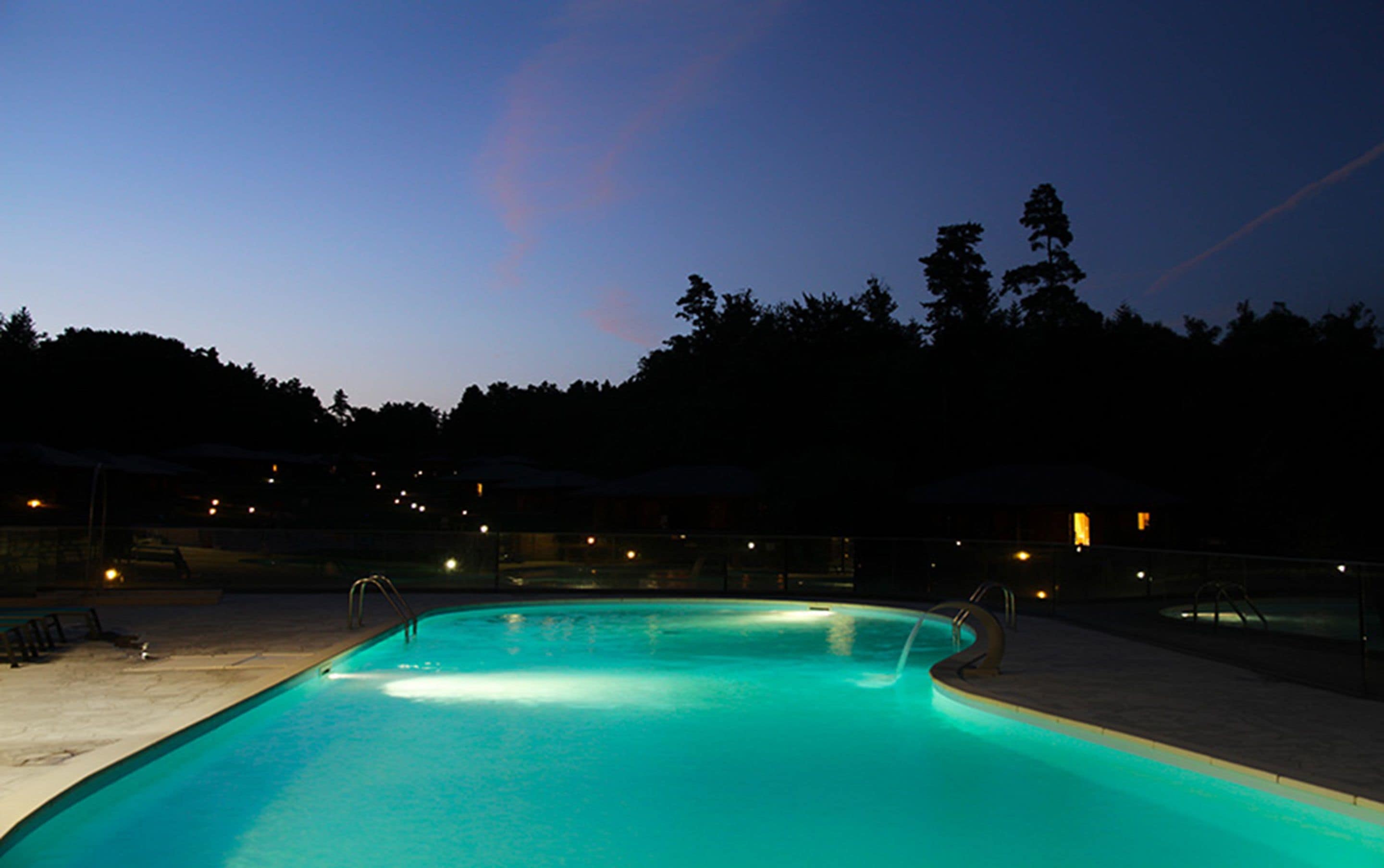 A swimming pool at dusk with surrounding trees and distant lights.