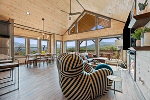 Smart TV, fireplace, books, stereo