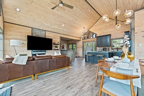 Smart TV, fireplace, books, stereo