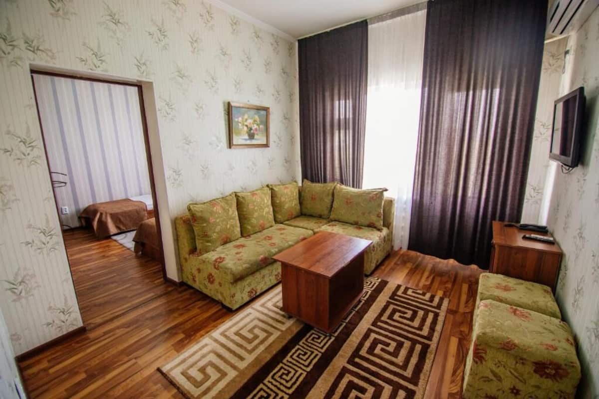 Ein Wohnzimmer mit einer Couch, einem Couchtisch und einem gemusterten Teppich.