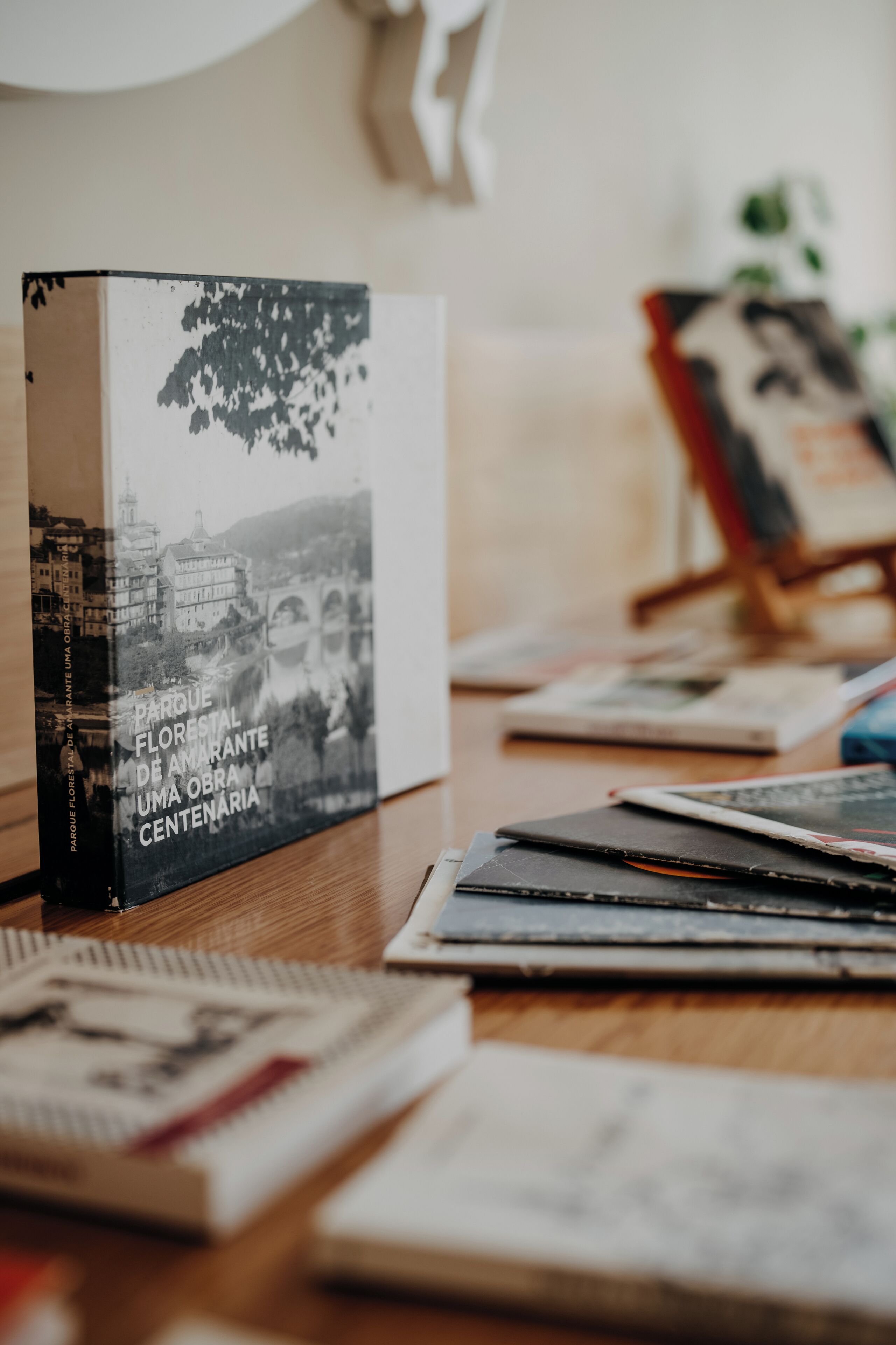 Un libro con el título "Parque Floréal de Amarante" sobre una mesa de madera, junto con otros libros y un fondo desenfocado.