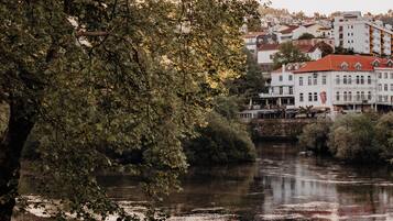 Un río tranquilo con barcos amarrados a la orilla, rodeado de árboles y edificios al fondo.