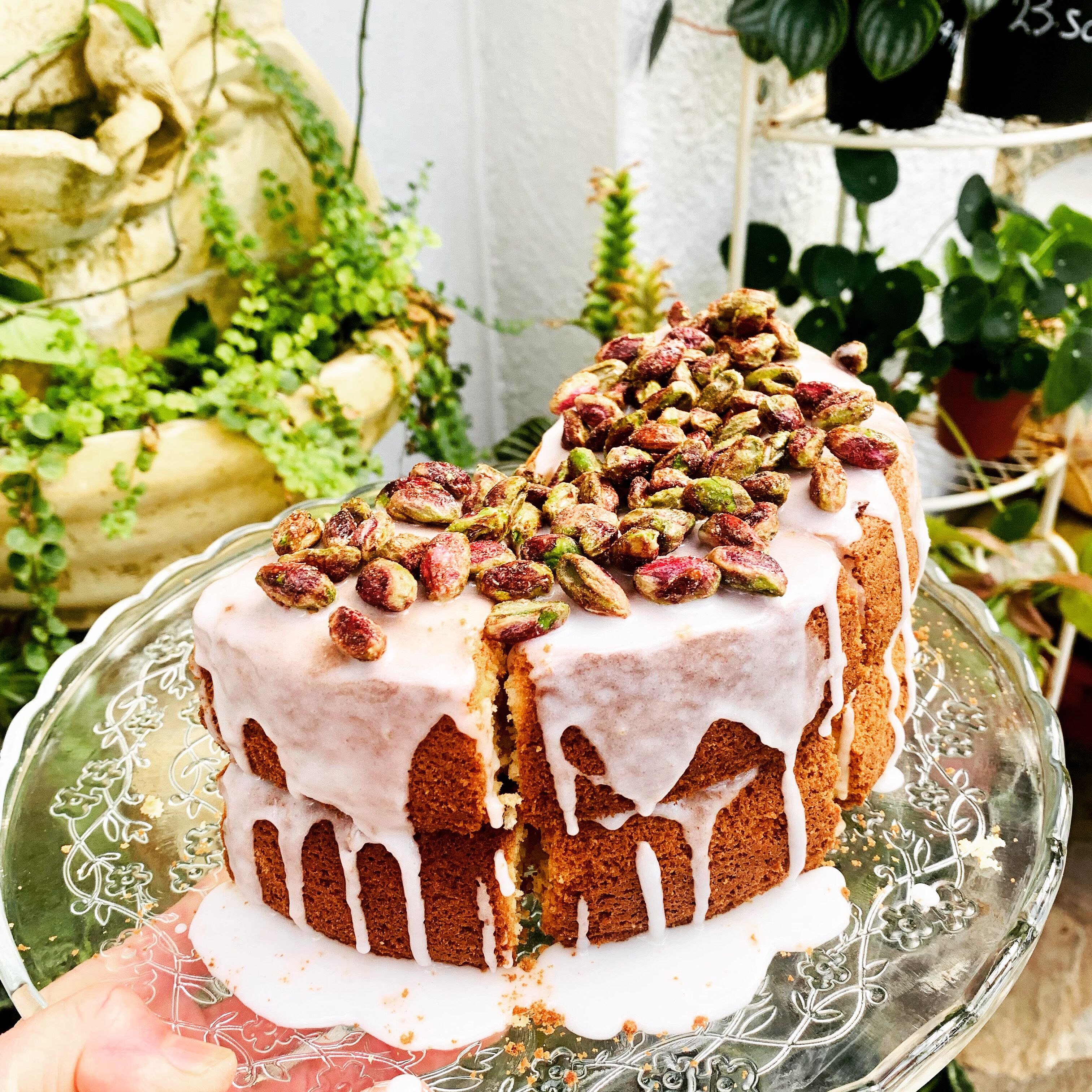 A cake with white icing and pistachios on a glass plate.