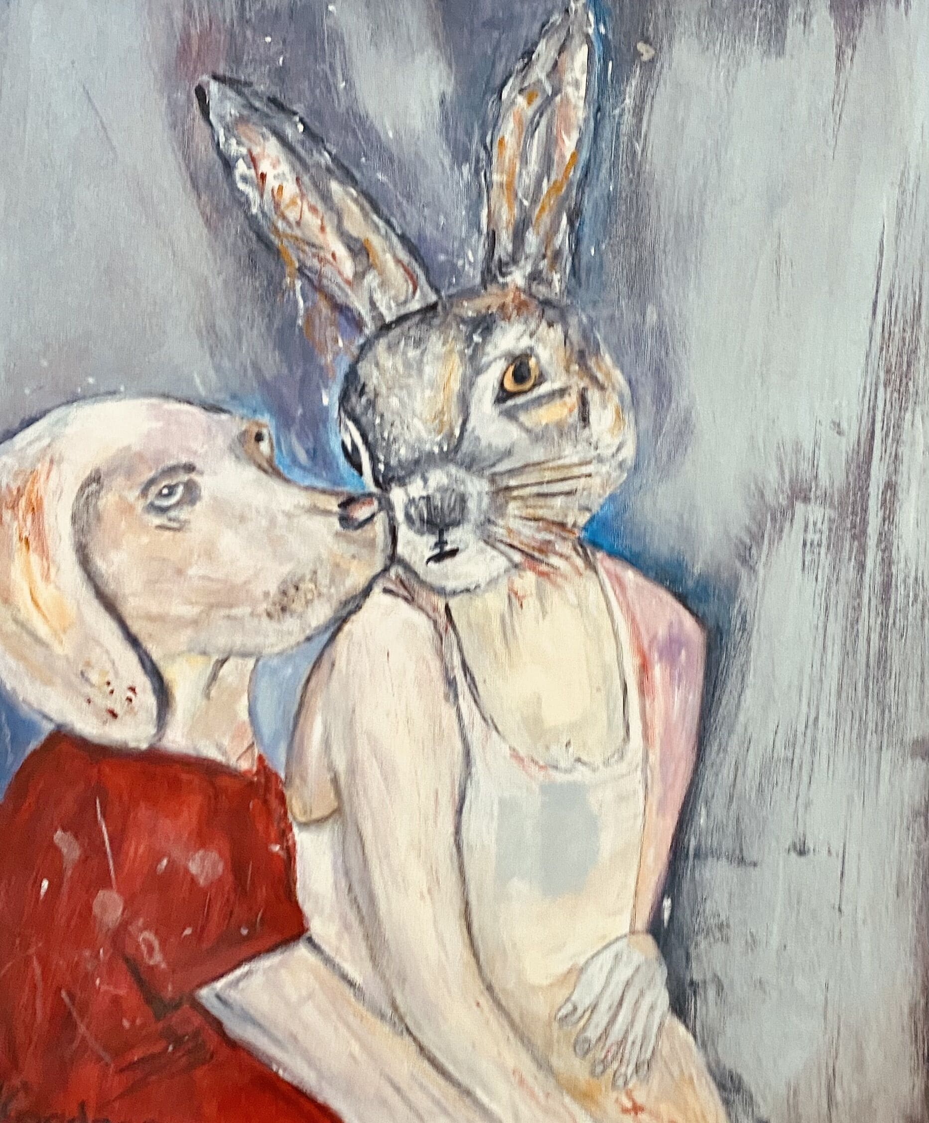 Une peinture représentant deux lapins, dont l’un porte un collier rouge, sur un fond texturé.