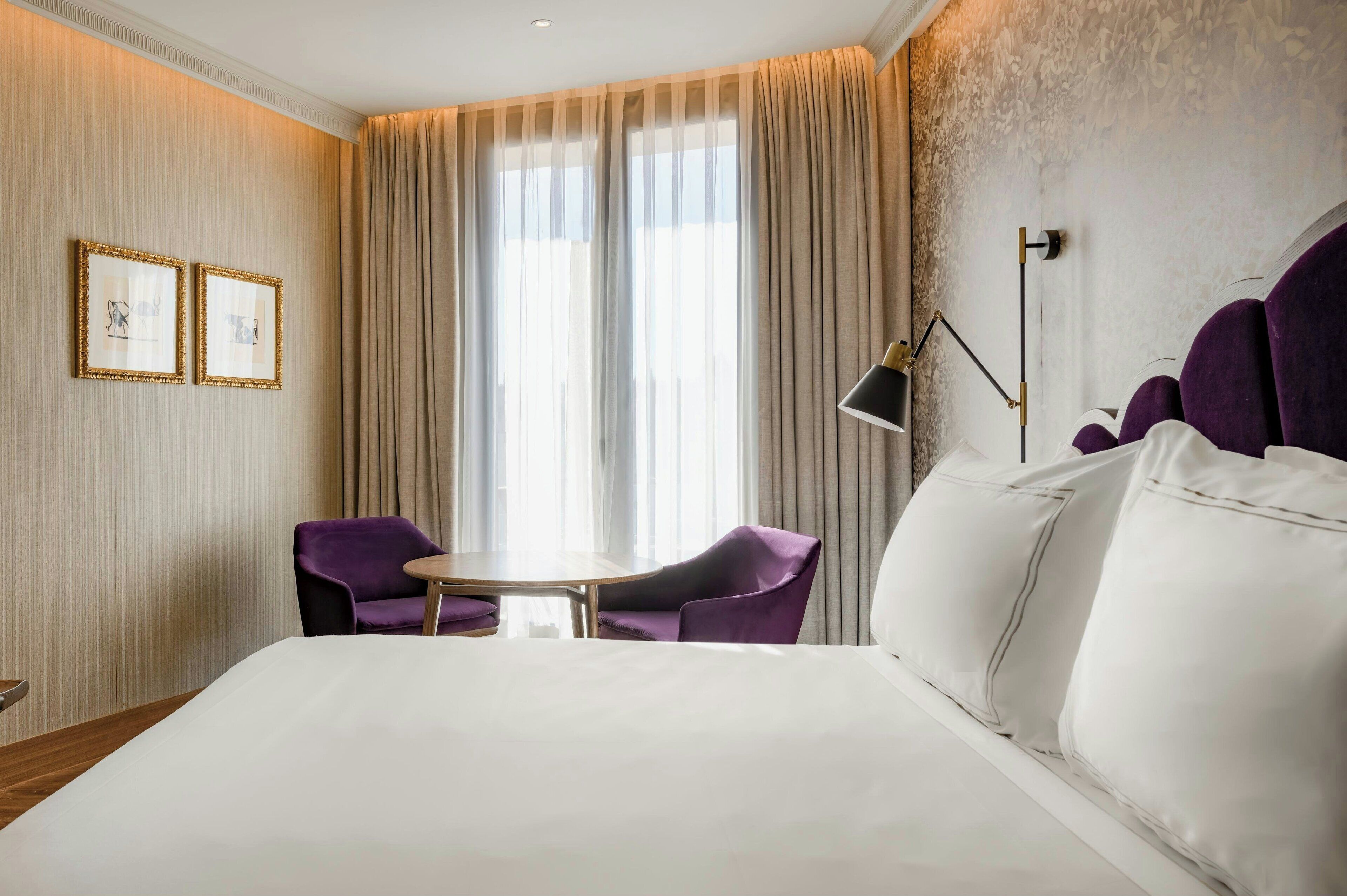 Habitació d'hotel amb un llit gran, dues cadires morades, una taula petita i un finestra gran amb cortines primes.