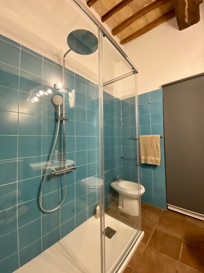 Chuveiro, secador de cabelo, bidê, toalhas de banho