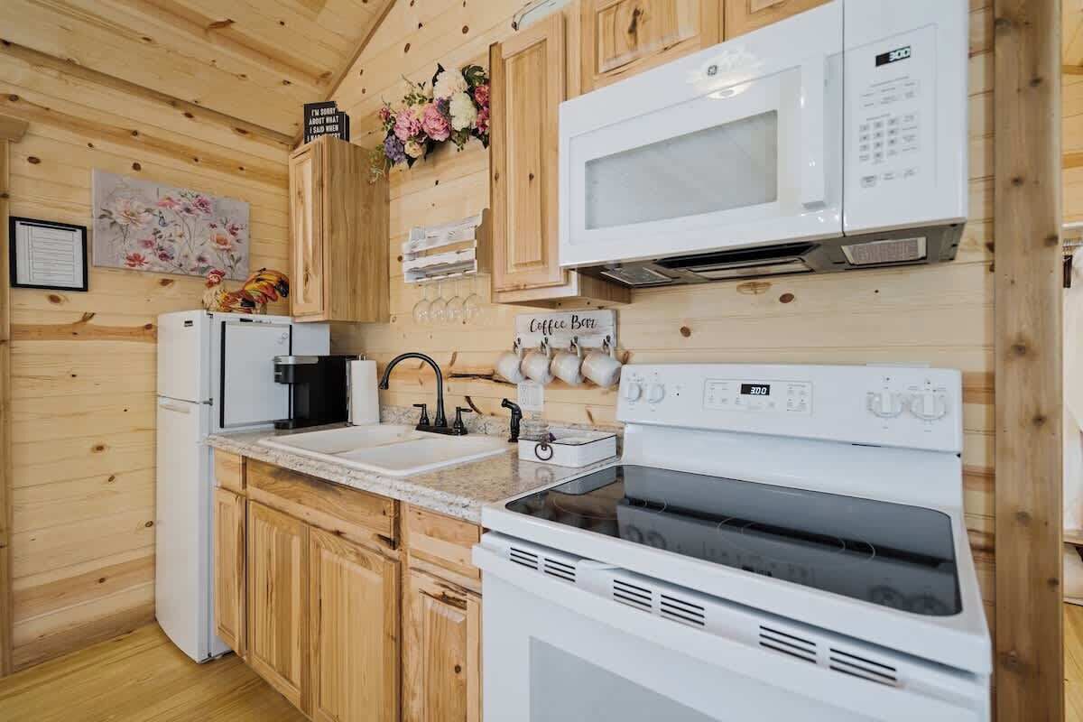 Coffee/tea maker, fridge, microwave, oven