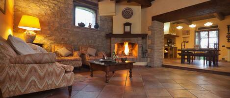 Fireplace, DVD player, books