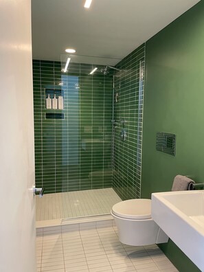 Bathtub, hair dryer, towels, soap