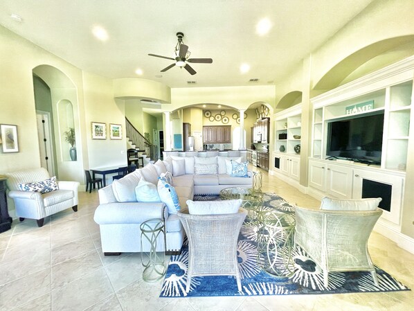 Smart TV, fireplace, video games, DVD player