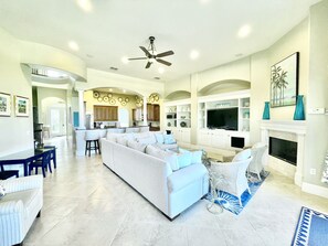 Smart TV, fireplace, video games, DVD player