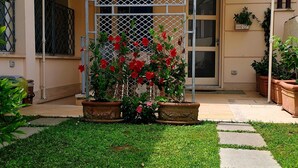 Une cour agrémentée d’une pergola en métal, de plantes en pot et d’une pelouse bien entretenue.
