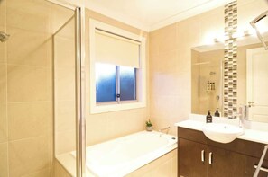Shower, hair dryer, shampoo