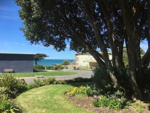 A residential area with a house, a tree, and a view of the ocean. - 150 Steps to Beach with EV Charging (Apollo Bay)