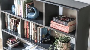 Une bibliothèque remplie de divers livres, un objet décoratif bleu et une plante en pot.