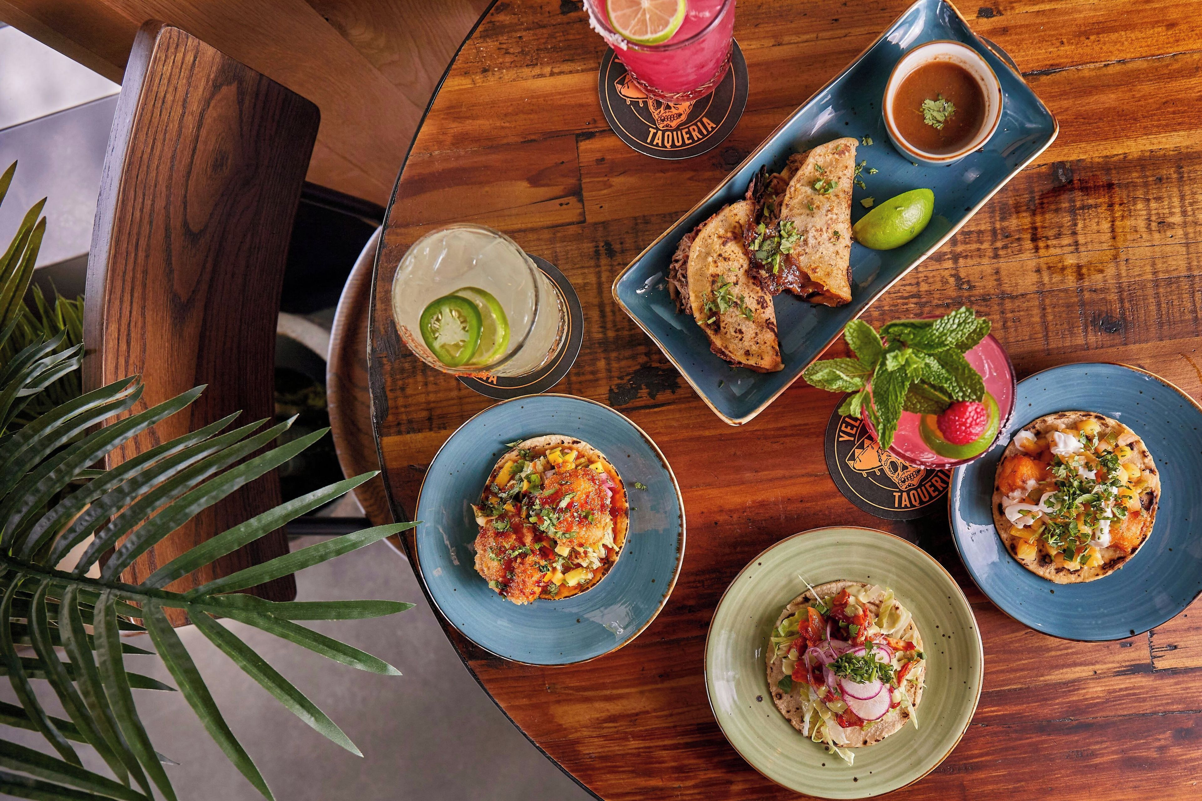 Una mesa con diferentes platos, bebidas y una planta.