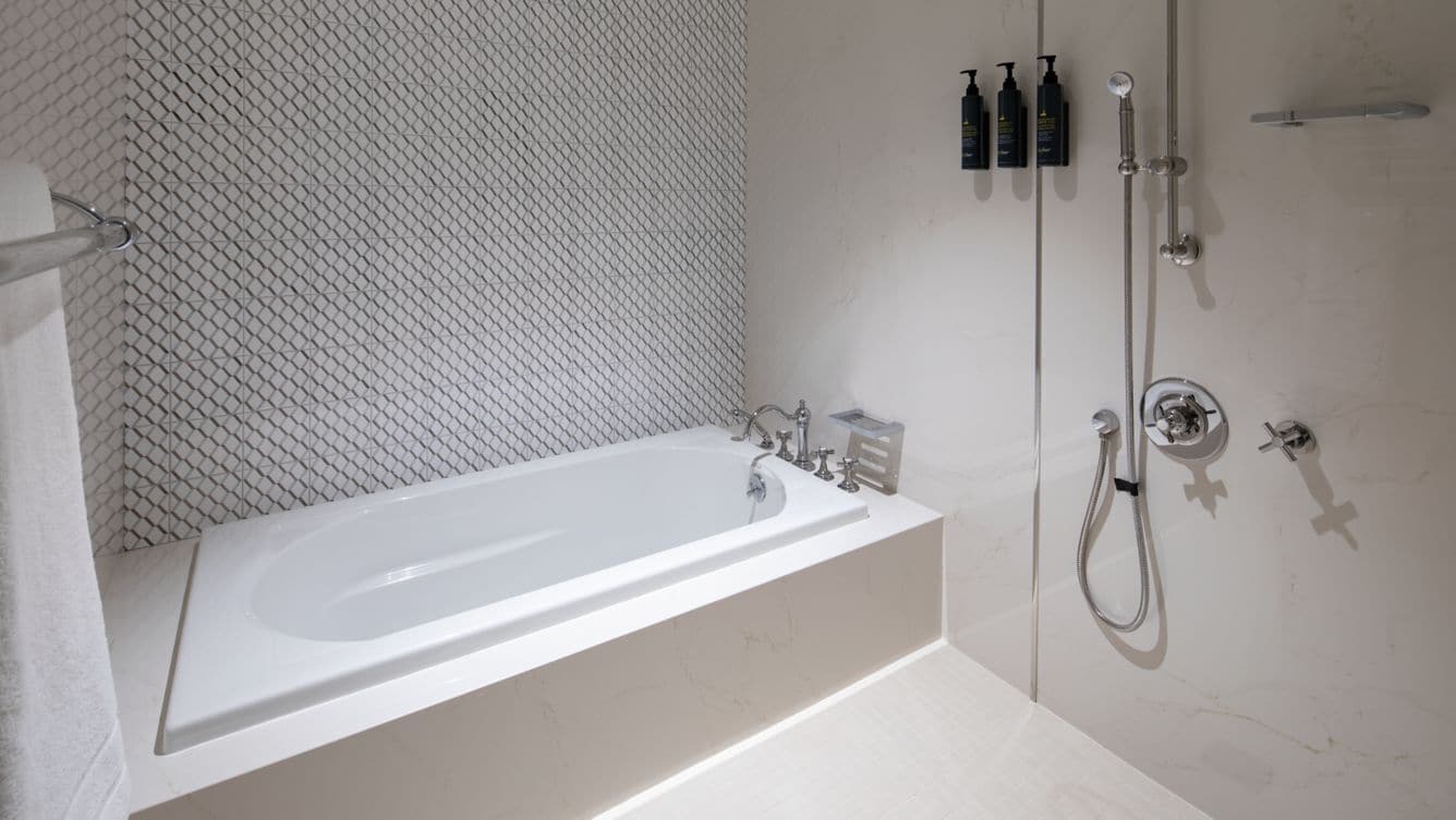 Une salle de bain moderne avec une baignoire sur pieds, une douche à l’italienne et un mur recouvert de carreaux.