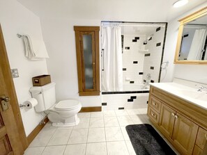 Combined shower/tub, hair dryer, towels, soap