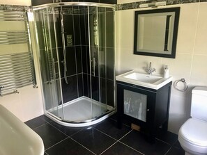 Bathtub, hair dryer, towels, toilet paper