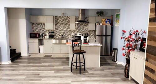 This is a brand new living space. A newly finished basement. 