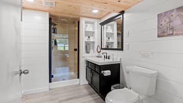 A modern bathroom with a shower, toilet, and vanity.