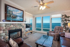 Smart TV, fireplace, DVD player, books