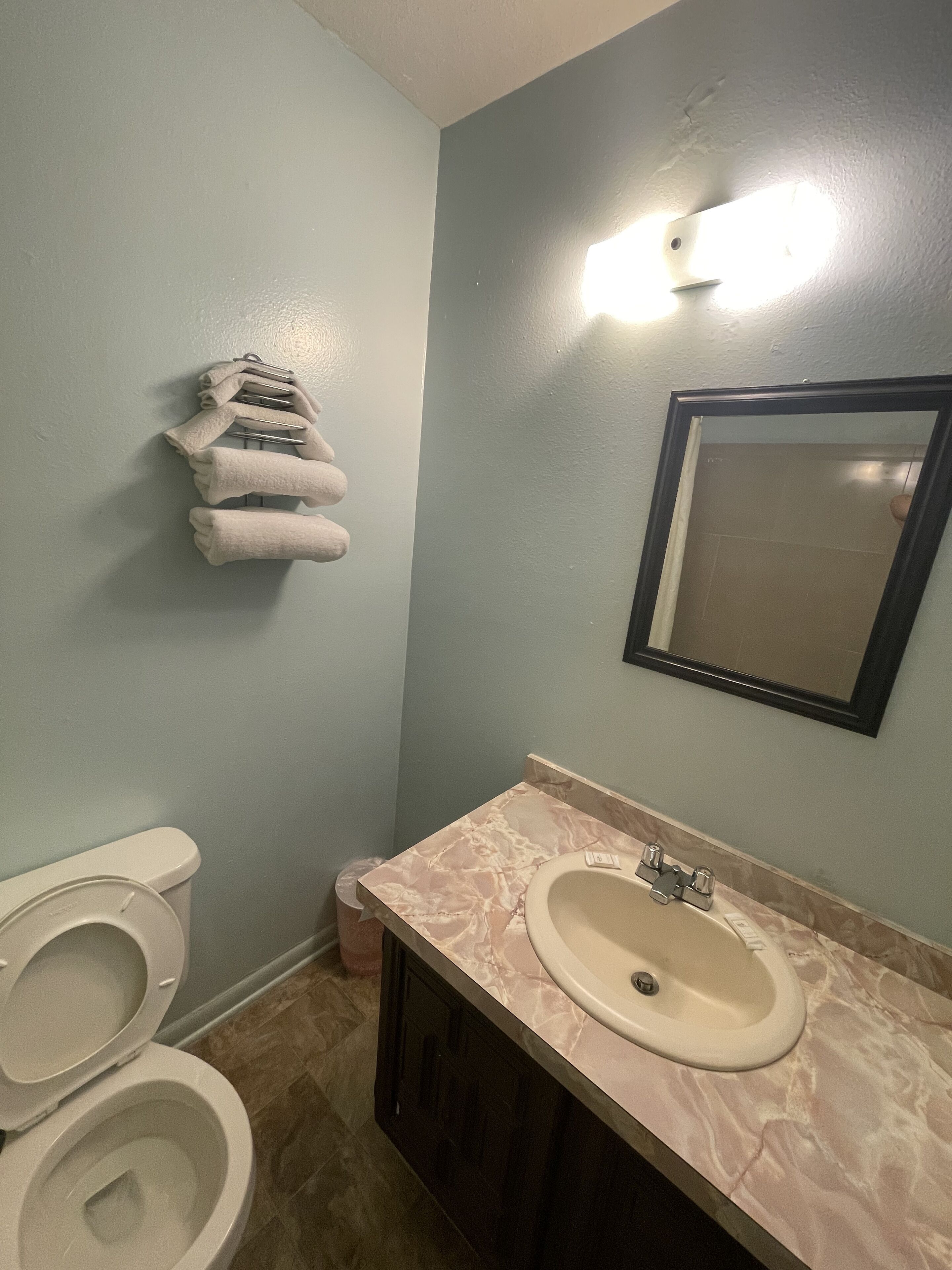 Une salle de bain équipée de toilettes, d’un lavabo et d’un porte-serviettes.