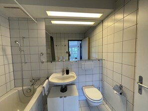 Combined shower/bathtub, hair dryer, towels, soap