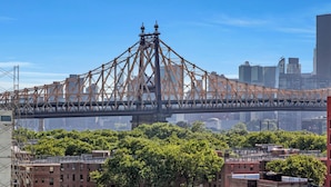 Un puente de acero con estructura de celosía que cruza una vista urbana.