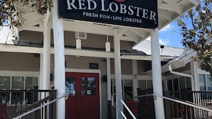 Un restaurante Red Lobster con letrero, escalones y entrada cubierta.