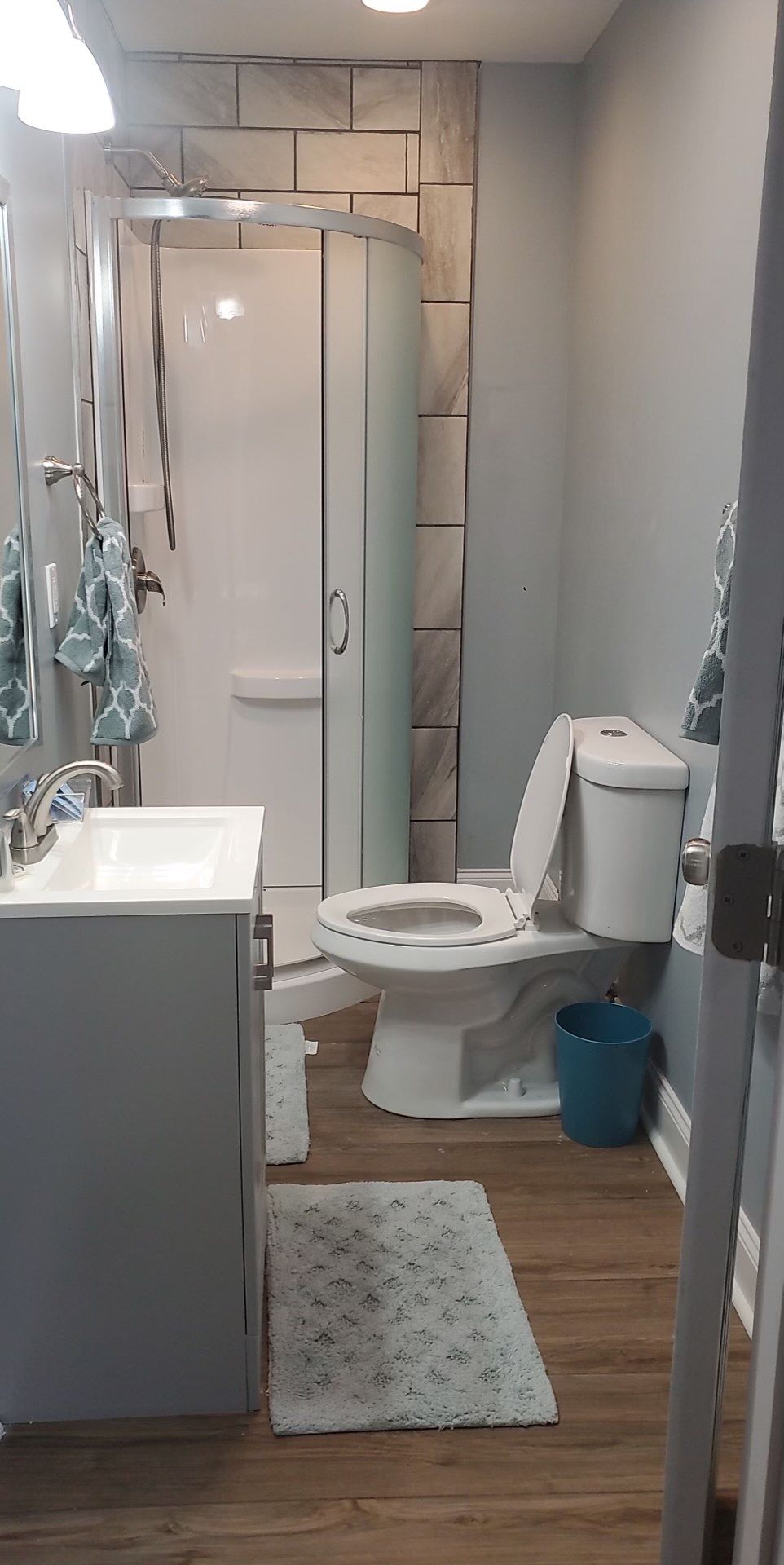 A bathroom with a shower, toilet, sink, and a blue trash bin.