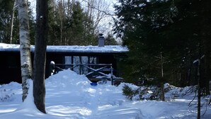 A snow-covered path leading to a cabin with a chimney, surrounded by trees.