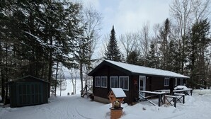 A cabin with a snow-covered roof, surrounded by tall trees and a snow-covered ground.