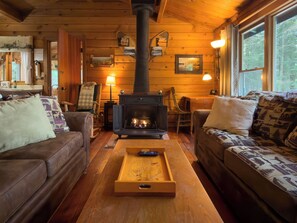 A cozy cabin interior with a central wood-burning stove, leather sofas, and a wooden coffee table.