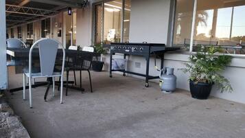 An outdoor seating area with chairs and a grill, potted plants, and a gas cylinder.