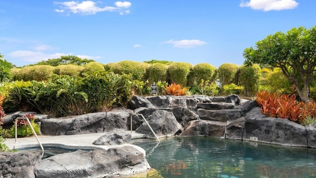 Piscina rodeada por pedras e plantas tropicais.