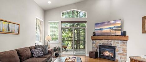 Flat-screen TV, fireplace