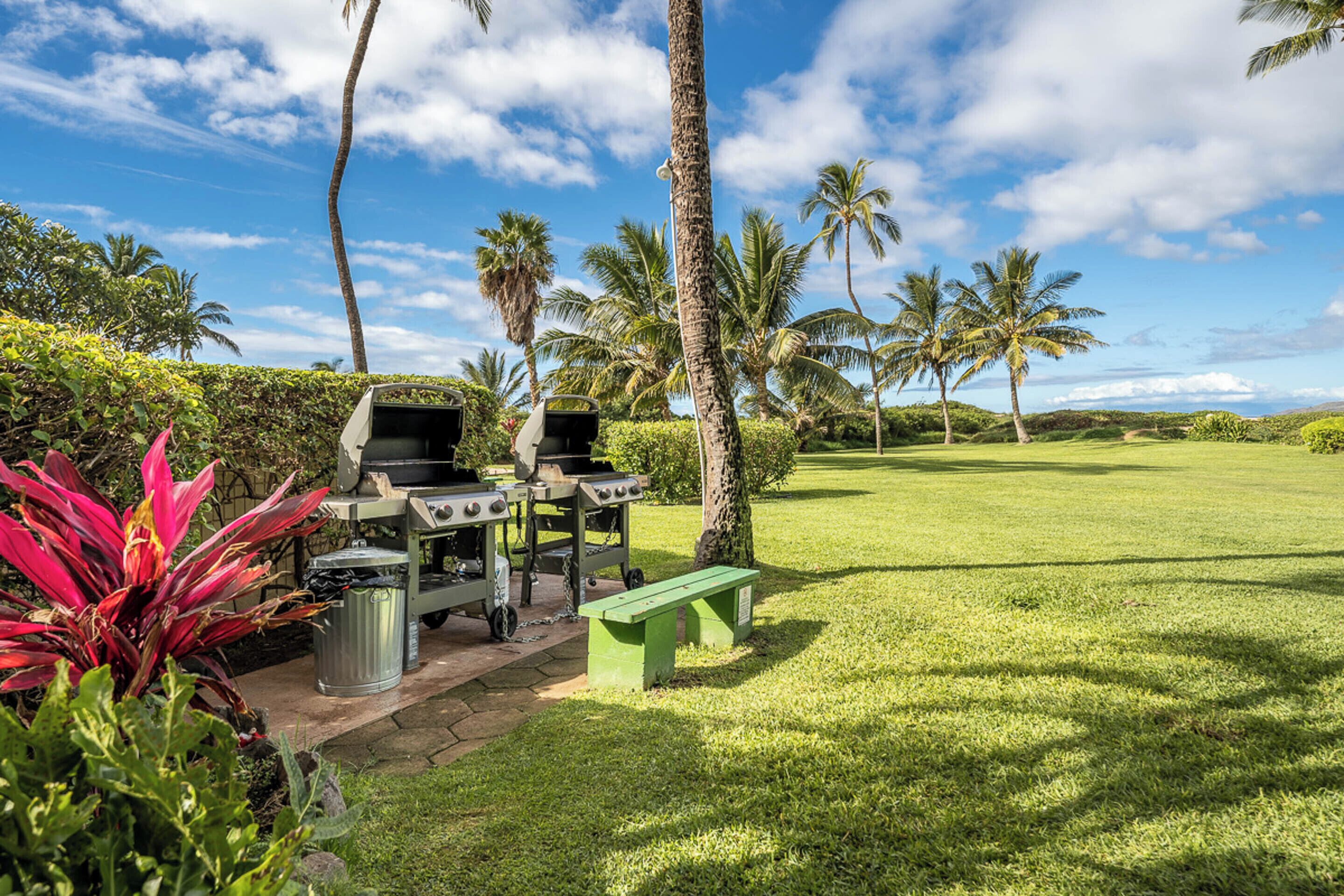 Un espacio al aire libre con césped, una zona de barbacoa y un banco verde.