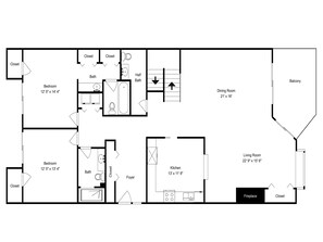 A floor plan with two bedrooms, two bathrooms, a dining room, a living room, a kitchen, a foyer, and a balcony.