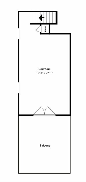A floor plan with a bedroom measuring 13' 5" x 27' 1", a closet, and a balcony. - Rio Grande Retreat by Kokopelli Property Management (Santa Fe)