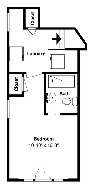 A floor plan of a hotel room with a closet, laundry area, and a bathroom. - Rio Grande Retreat by Kokopelli Property Management (Santa Fe)