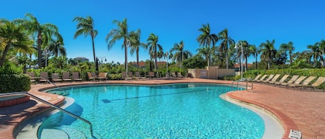 A swimming pool with a curved edge, surrounded by palm trees and lounge chairs.