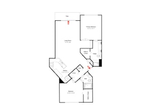 A floor plan of a house with a patio, living room, kitchen, two bedrooms, a bathroom, and a walk-in closet.
