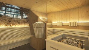 A wooden interior with a sloped ceiling, a bench, a trash bin, and a built-in sauna area. - Apartment "Waidacherhof Alm" with Mountain View, Balcony & Wi-Fi (Prags)