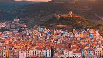 A coastal town with colorful buildings, a prominent hilltop structure, and a river.