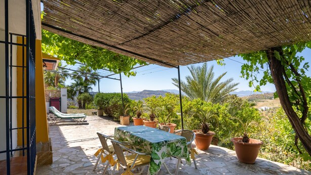 Un patio exterior cubierto con una mesa y sillas, rodeado de plantas en macetas y vistas al paisaje.
