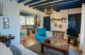Un salon avec un canapé, un fauteuil bleu, une table basse en bois, un téléviseur et une cheminée.