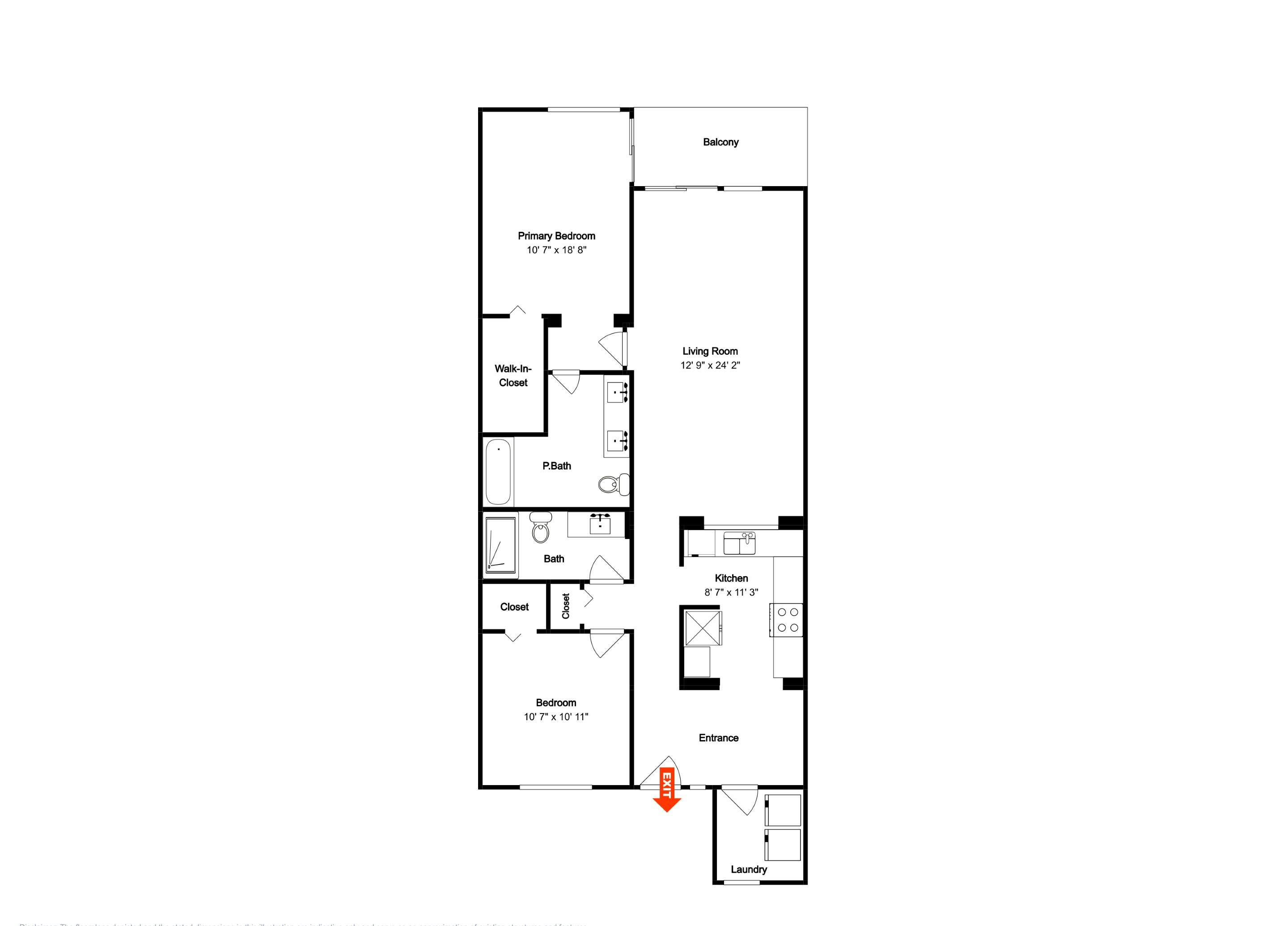 A floor plan with a primary bedroom, walk-in closet, P.Bath, bath, closet, bedroom, living room, kitchen, entrance, and balcony.